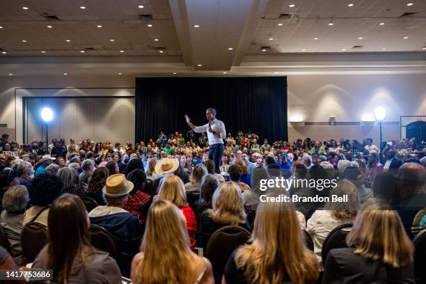 Texas Democratic gubernatorial candidate Beto O'Rourke speaks to supporters during a campaign rally on August 24, 2022 in Humble, Texas. O'Rourke is...