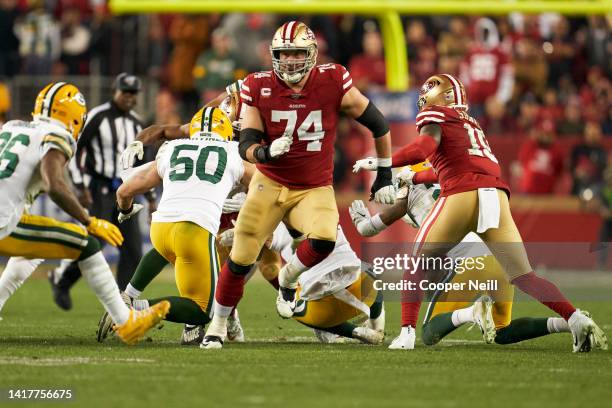 Joe Staley of the San Francisco 49ers runs on the field during the NFC Championship football game against the Green Bay Packers on January 19 in...