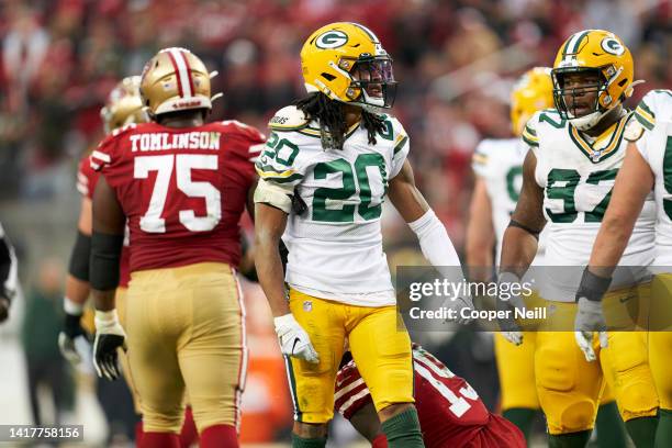 Kevin King of the Green Bay Packers flexes during the NFC Championship football game against the San Francisco 49ers on January 19 in Santa Clara,...