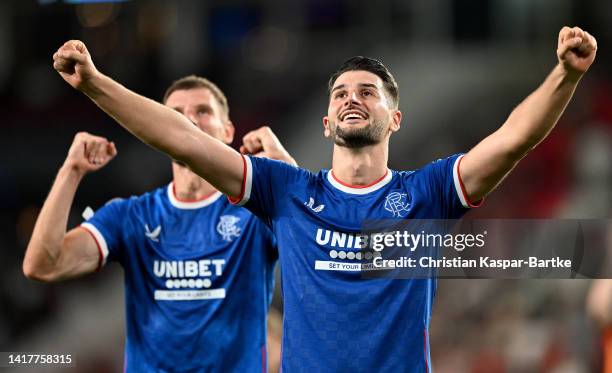 Antonio-Mirko Colak of Glasgow Rangers celebrates victory after the UEFA Champions League play-Off Secaon Leg match between PSV Eindhoven and Glasgow...