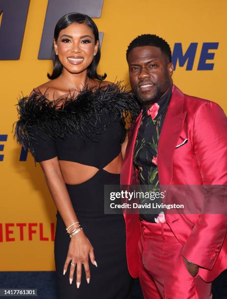 Eniko Parrish and Kevin Hart attend the Los Angeles premiere of Netflix's "Me Time" at Regency Village Theatre on August 23, 2022 in Los Angeles,...