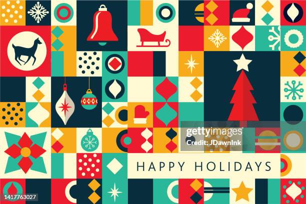 happy holidays grußmosaik grußkarte flache designvorlage mit feiertagsornamenten, hirschen und bäumen, geometrischen formen und einfachen symbolen - stern geometrisch stock-grafiken, -clipart, -cartoons und -symbole