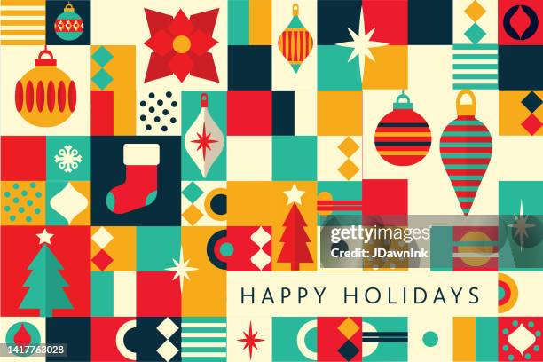 happy holidays grußmosaik grußkarte flache designvorlage mit feiertagsornamenten, hirschen und bäumen, geometrischen formen und einfachen symbolen - blue baubles stock-grafiken, -clipart, -cartoons und -symbole