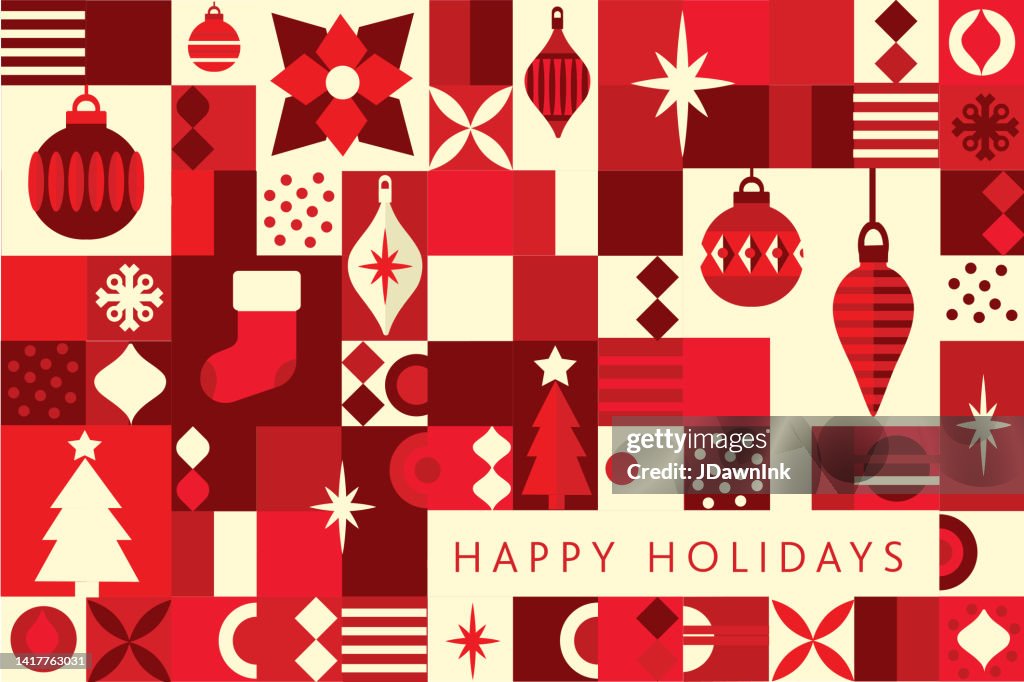 Buone Feste Auguri mosaico biglietto di auguri modello di design piatto con ornamenti natalizi, cervi e alberi, forme geometriche e icone semplici