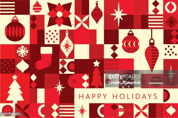 happy holidays greeting mosaic greeting card flat design template with holiday ornaments, deer and trees, geometric shapes and simple icons - holiday stock illustrations