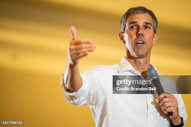 Texas Democratic gubernatorial candidate Beto O'Rourke speaks to supporters during a campaign rally on August 24, 2022 in Humble, Texas. O'Rourke is...