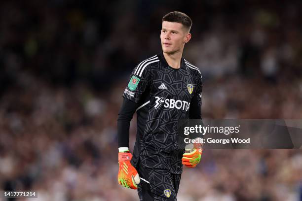 Illan Meslier of Leeds United looks on during the Carabao Cup Second Round match between Leeds United and Barnsley at Elland Road on August 24, 2022...