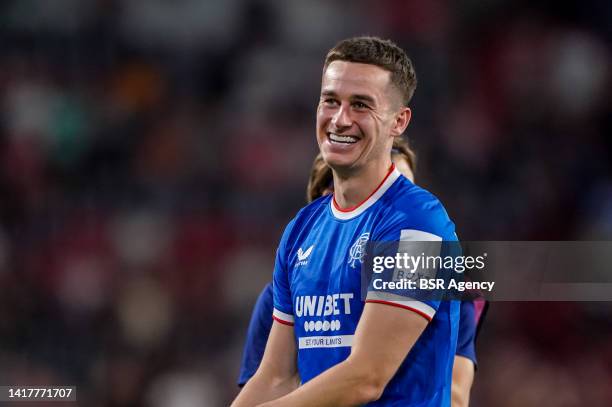 Tom Lawrence of Rangers celebrate the win during the UEFA Champions League Play-Off Second Leg match between PSV and Rangers at the Philips Stadion...
