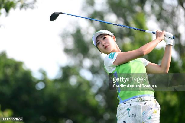 Rei Matsuda of Japan hits her tee shot on the 11th hole during the first round of Nitori Ladies at Otaru Country Club on August 25, 2022 in Otaru,...