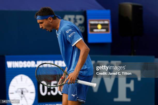 Lorenzo Sonego of Italy reacts following a point against Maxime Cressy of United States during their third round match on day five of the...