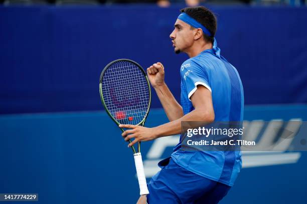 Lorenzo Sonego of Italy reacts following a point against Maxime Cressy of United States during their third round match on day five of the...
