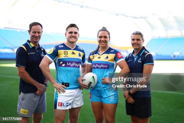 Titans coach Justin Holbrook and Alexander Brimson pose with NRLW coach Karyn Murphy and Evania Pelite during a Gold Coast Titans NRLW media...