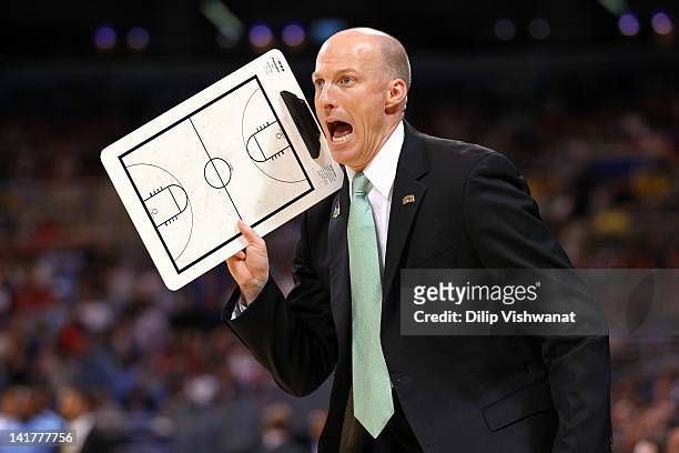 Head coach John Groce of the Ohio Bobcats reacts as he coaches in the first hlaf against the North Carolina Tar Heels during the 2012 NCAA Men's...