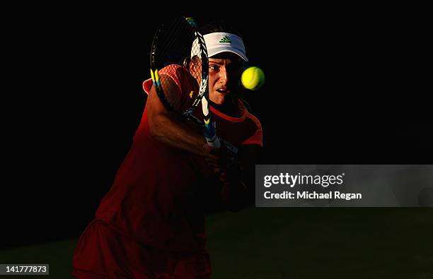 Ksenia Pervak of Kazakhstan in action during her match against Francesca Schiavone of Italy during day 5 of the Sony Ericsson Open at Crandon Park...