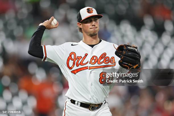 Starting pitcher Spenser Watkins of the Baltimore Orioles makes a play on a hit during the third inning against the Chicago White Sox at Oriole Park...