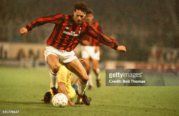 Dutch footballer Marco van Basten, of AC Milan, in action during a European Cup second round, second leg match against Club Brugge at the...