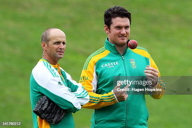 Coach Gary Kirsten and captain Graeme Smith of South Africa look on during day two of the Third Test match between New Zealand and South Africa at...