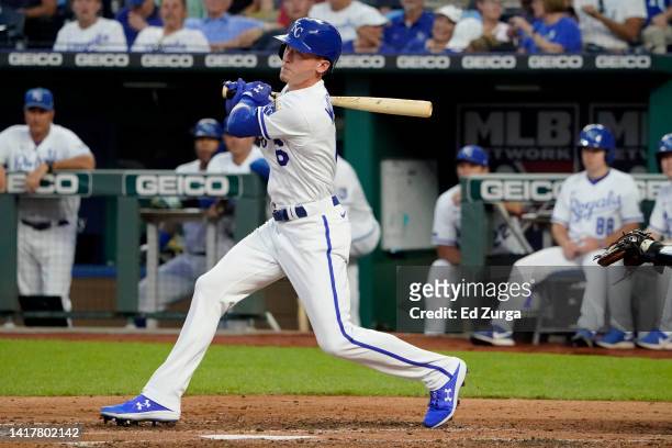 Drew Waters of the Kansas City Royals hits a single in the third inning against the Arizona Diamondbacks at Kauffman Stadium on August 24, 2022 in...