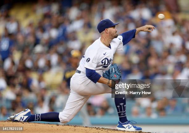Andrew Heaney of the Los Angeles Dodgers pitches against the Milwaukee Brewers during the third inning at Dodger Stadium on August 24, 2022 in Los...