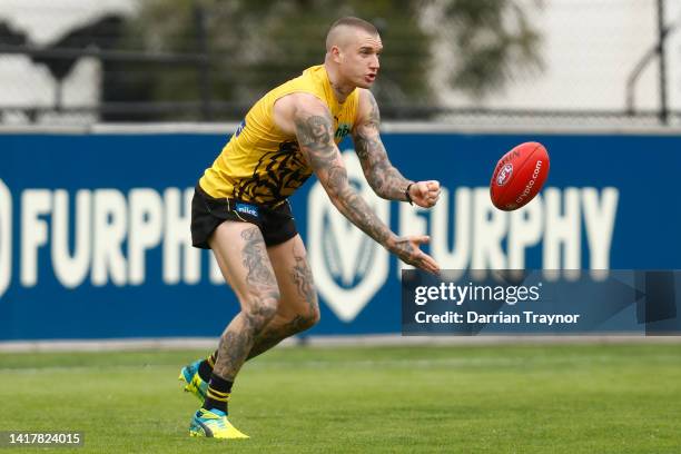 Dustin Martin of the Tigers takes part during a Richmond Tigers AFL training session at Punt Road Oval on August 25, 2022 in Melbourne, Australia.