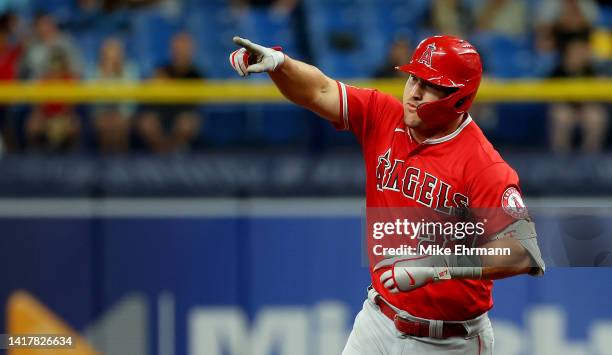 Mike Trout of the Los Angeles Angels is congratuladed after hitting a home run in the eighth during a game against the Tampa Bay Rays at Tropicana...