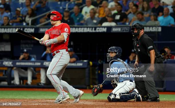 Mike Trout of the Los Angeles Angels hitsa home run in the eighth during a game against the Tampa Bay Rays at Tropicana Field on August 24, 2022 in...