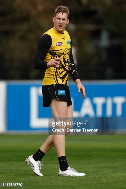 Tom J. Lynch of the Tigers runs sprints during a Richmond Tigers AFL training session at Punt Road Oval on August 25, 2022 in Melbourne, Australia.