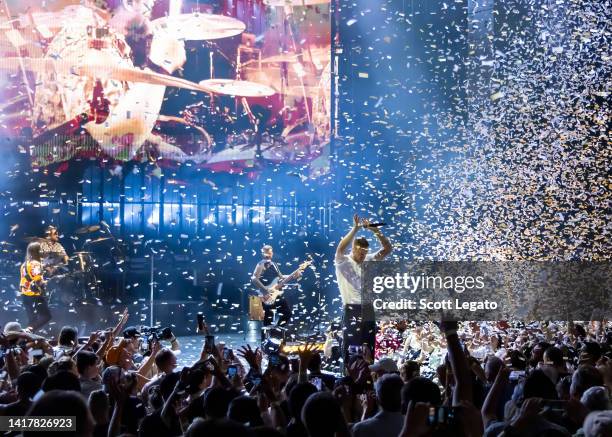 Dan Reynolds of Imagine Dragons performs during their Mercury Tour at Pine Knob Music Theatre on August 24, 2022 in Clarkston, Michigan.