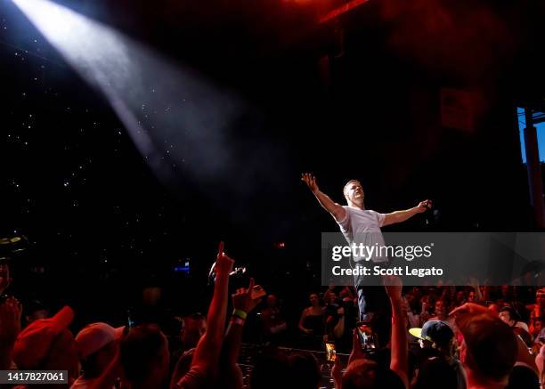 Dan Reynolds of Imagine Dragons performs during their Mercury Tour at Pine Knob Music Theatre on August 24, 2022 in Clarkston, Michigan.