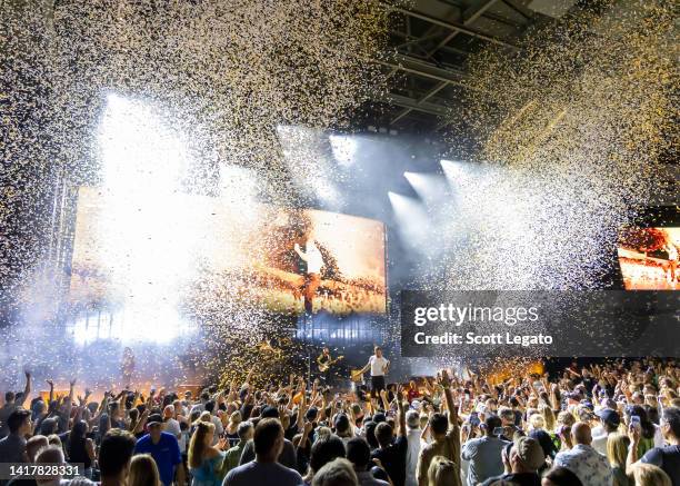 Dan Reynolds of Imagine Dragons performs during their Mercury Tour at Pine Knob Music Theatre on August 24, 2022 in Clarkston, Michigan.