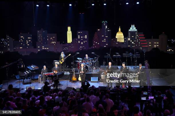Jim Cox, Luke Bulla, Leland Sklar, Russ Kunkel, Jeff White, Dean Parks and James Harrah perform during an "Austin City Limits" taping at ACL Live on...