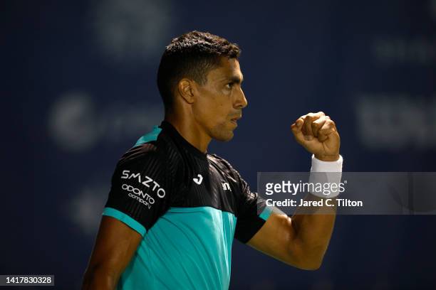 Thiago Monteiro of Brazil reacts following point against Benjamin Bonzi of France during their third round match on day five of the Winston-Salem...