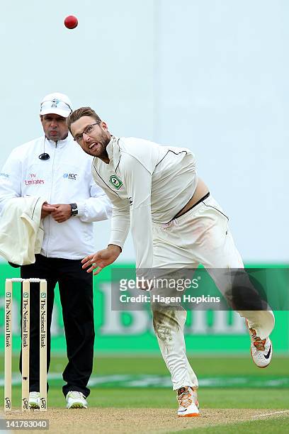 Daniel Vettori of New Zealand bowls during day two of the Third Test match between New Zealand and South Africa at Basin Reserve on March 24, 2012 in...