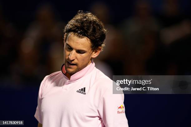 Dominic Thiem of Austria looks on during the third round match against Jack Draper of Great Britain on day five of the Winston-Salem Open at Wake...