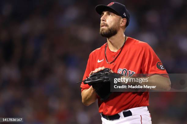 Matt Barnes of the Boston Red Sox looks on after pitching against the Toronto Blue Jays during the sixth inning at Fenway Park on August 24, 2022 in...