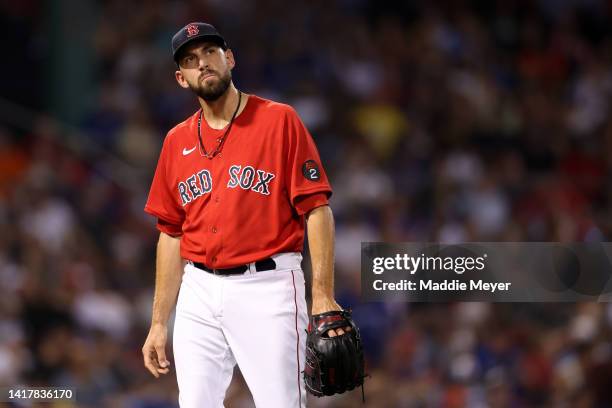 Matt Barnes of the Boston Red Sox looks on after pitching against the Toronto Blue Jays during the sixth inning at Fenway Park on August 24, 2022 in...