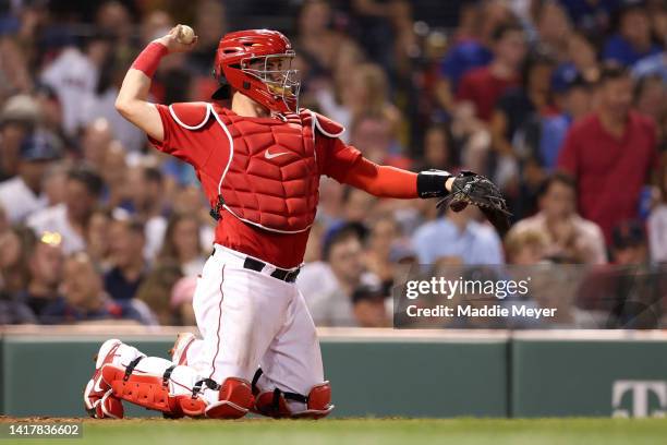 Reese McGuire of the Boston Red Sox throws during the seventh inning against the Toronto Blue Jays at Fenway Park on August 24, 2022 in Boston,...