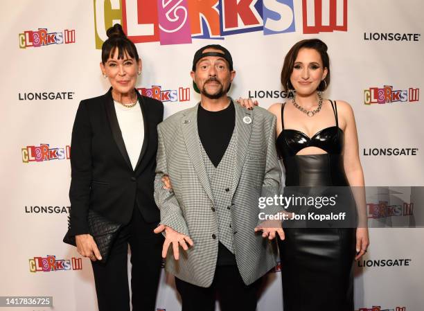 Jennifer Schwalbach Smith, Kevin Smith, and Harley Quinn Smith attend "Clerks III" Premiere at the TCL Chinese 6 Theaters on August 24, 2022 in Los...