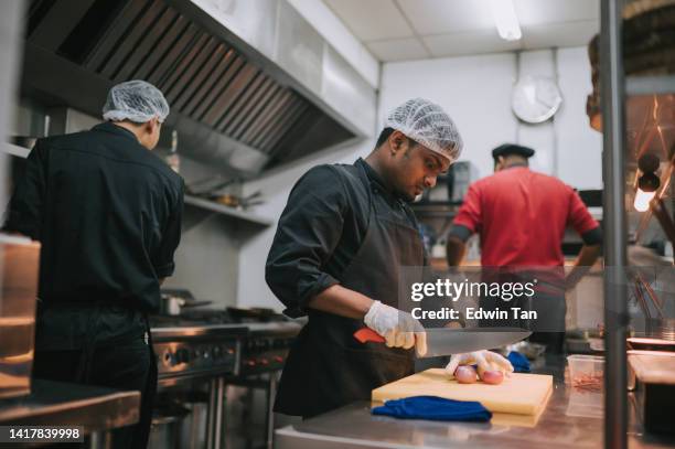 asian kitchen crew busy preparing food in commercial kitchen - haarnet stockfoto's en -beelden