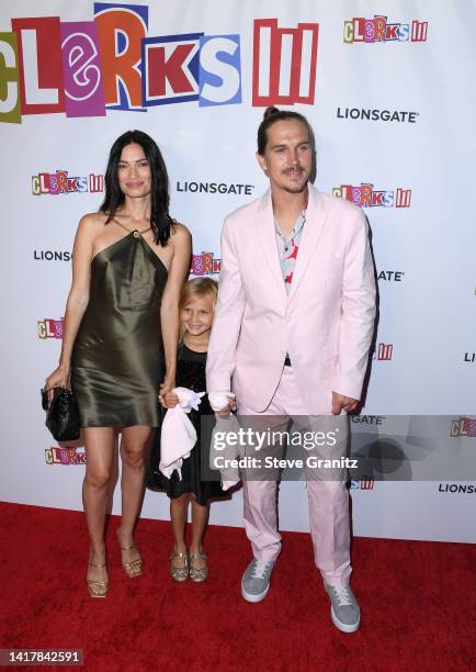 Logan Lee Mewes, Jordan Monsanto, and Jason Mewes arrives at the Los Angeles Premiere Of Lionsgate's "Clerks III" at TCL Chinese Theatre on August...