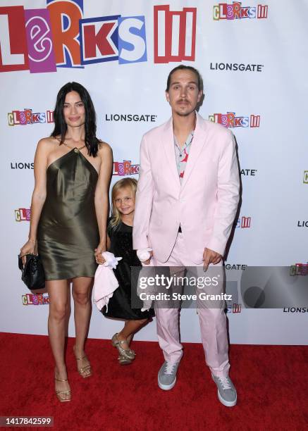 Logan Lee Mewes, Jordan Monsanto, and Jason Mewes arrives at the Los Angeles Premiere Of Lionsgate's "Clerks III" at TCL Chinese Theatre on August...