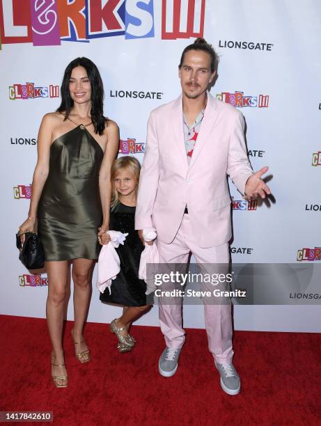 Logan Lee Mewes, Jordan Monsanto, and Jason Mewes arrives at the Los Angeles Premiere Of Lionsgate's "Clerks III" at TCL Chinese Theatre on August...