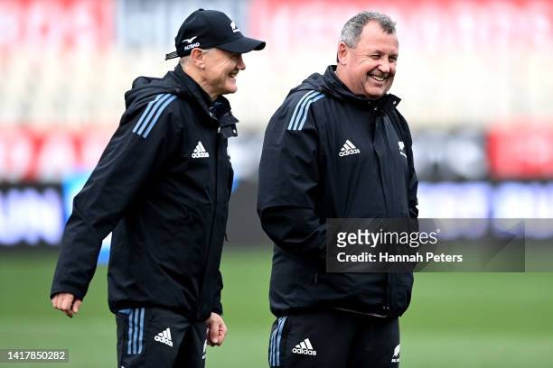 Assistant coach Joe Schmidt and head coach Ian Foster during a New Zealand All Blacks Training Session at Orangetheory Stadium on August 25, 2022 in...