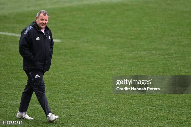 Head coach Ian Foster looks on during a New Zealand All Blacks Training Session at Orangetheory Stadium on August 25, 2022 in Christchurch, New...