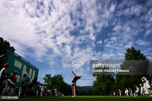 Erika Hara of Japan hits her tee shot on the 14th hole during the first round of Nitori Ladies at Otaru Country Club on August 25, 2022 in Otaru,...