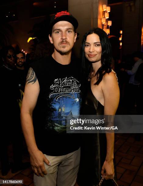 Jason Mewes and Jordan Monsanto pose at the after party for the premiere of Lionsgate's "Clerks lll" at the Roosevelt Hotel on August 24, 2022 in...