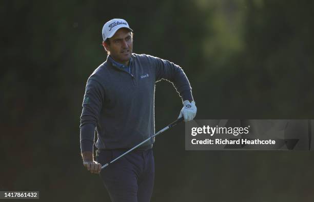 Edoardo Molinari of Italy plays his second shot h10during Day One of the Omega European Masters at Crans-sur-Sierre Golf Club on August 25, 2022 in...