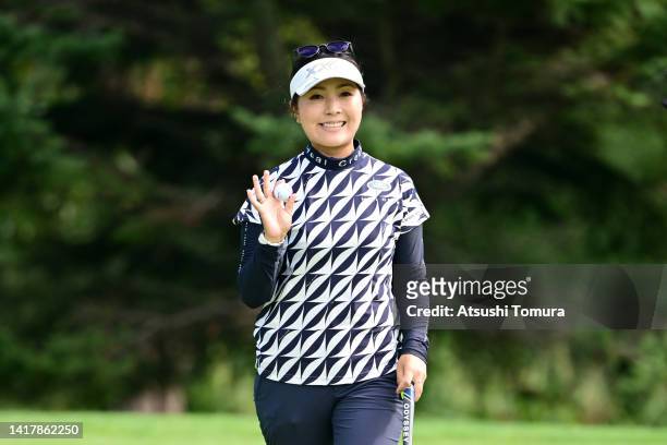 Serena Aoki of Japan poses after the birdie on the 9th green during the first round of Nitori Ladies at Otaru Country Club on August 25, 2022 in...