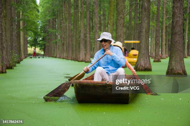 Tourists enjoy a boat ride in a Metasequoia forest of Luyang Lake Wetland Park on August 24, 2022 in Yangzhou, Jiangsu Province of China.