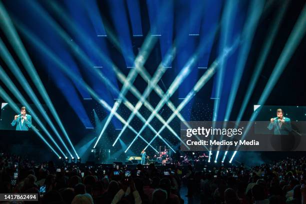 Brazilian singer Roberto Carlos performing during a concert at Arena Monterrey on August 24, 2022 in Monterrey, Mexico.